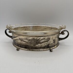 Vintage International Pyrex Oval Casserole w Silverplate Footed Stand 1930s